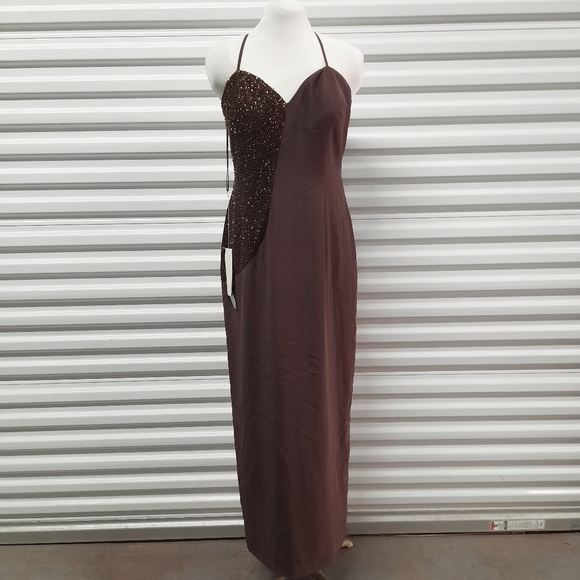 Miss Milan Dresses & Skirts - Miss Milan Evening Dress Womens Size 14 Brown Beaded Sleeveless Formal Maxi